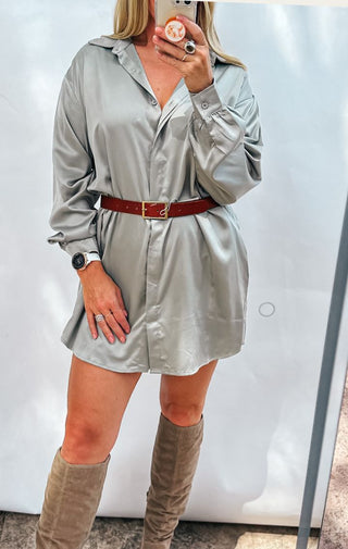 Satin Sage Shirt Dress