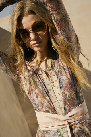 Floral-Print Mesh Snap-Front Long-Sleeve Top