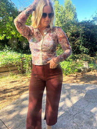 Floral-Print Mesh Snap-Front Long-Sleeve Top