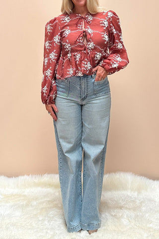 Desert Rose Blouse Peplum Blouse with Puff Sleeves