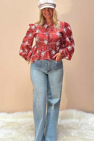 Desert Rose Blouse Peplum Blouse with Puff Sleeves