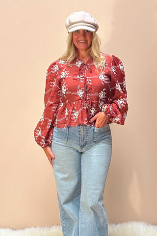 Desert Rose Blouse Peplum Blouse with Puff Sleeves