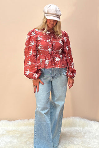 Desert Rose Blouse Peplum Blouse with Puff Sleeves