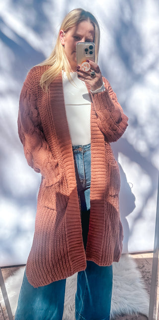 Solid Rib Knit Open Front Cable Knit Cardigan
