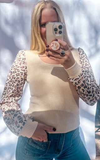 Leopard Sleeve Patchwork Ribbed Knit Top