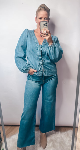 The Tie Front Long Puff Sleeve Denim Top