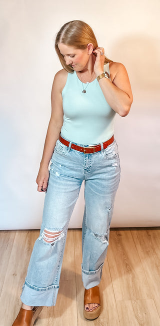 Double Lined Basic Round Neck Tank | Sea Foam