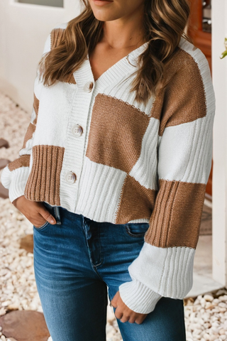 Checkered Ribbed V Neck Sweater Cardigan
