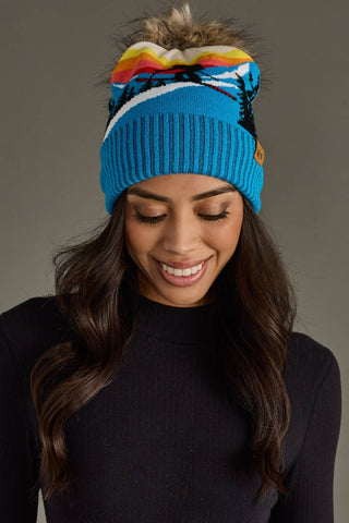 Blue Ski Mountain Landscape Pom Hat