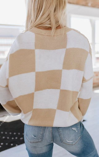 Checkered Bishop Sleeve Sweater - Wedges And Wide Legs Boutique