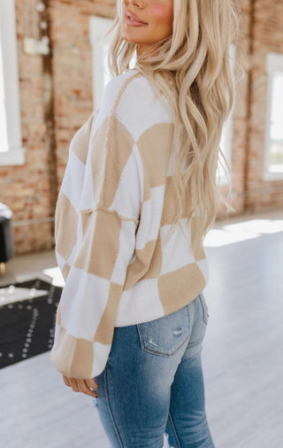 Checkered Bishop Sleeve Sweater - Wedges And Wide Legs Boutique