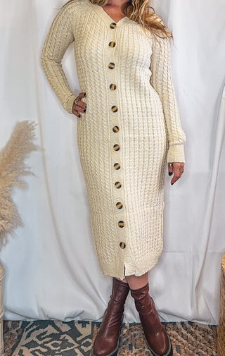 Chunky Cable Ribbed Button Down Sweater Dress - Wedges And Wide Legs Boutique