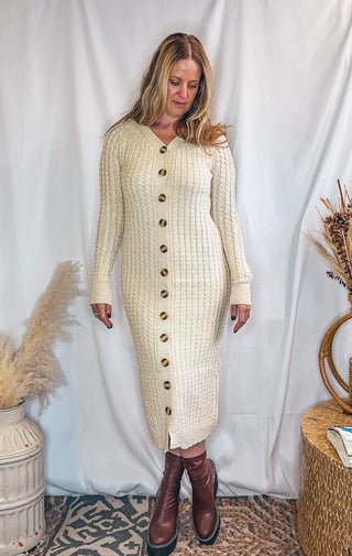 Chunky Cable Ribbed Button Down Sweater Dress - Wedges And Wide Legs Boutique