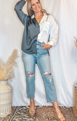Color Block Collar Neck Long Sleeve Shirt - Wedges And Wide Legs Boutique