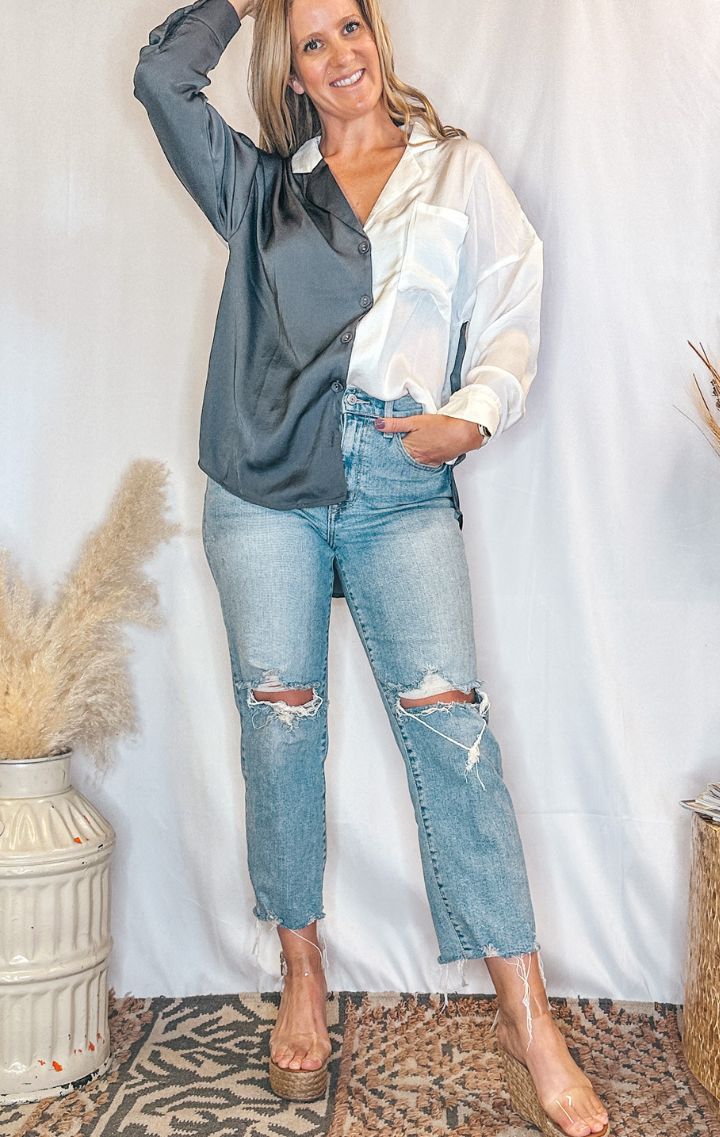 Color Block Collar Neck Long Sleeve Shirt - Wedges And Wide Legs Boutique