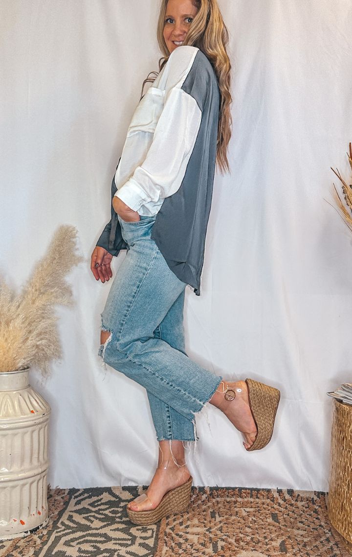 Color Block Collar Neck Long Sleeve Shirt - Wedges And Wide Legs Boutique