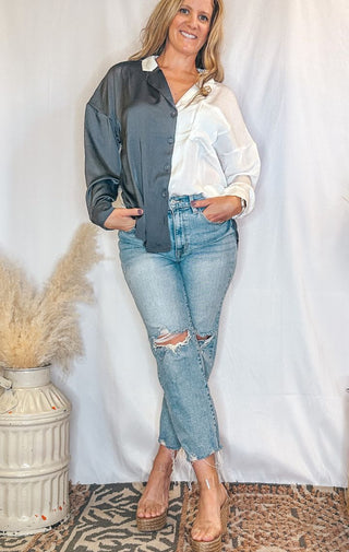 Color Block Collar Neck Long Sleeve Shirt - Wedges And Wide Legs Boutique