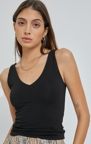 Double Lined V- Neck Tank Top | Black - Wedges And Wide Legs Boutique