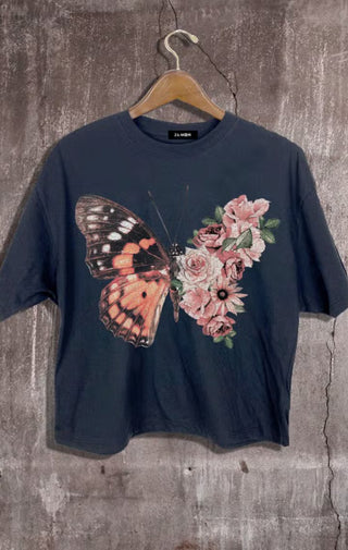 Flower Butterfly Graphic Crop Tee - Wedges And Wide Legs Boutique