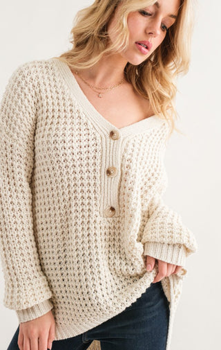 Henley Basic Waffle Textured Sweater - Wedges And Wide Legs Boutique