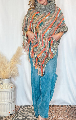 Marbled Knit Frayed Trim Turtle Neck Poncho - Wedges And Wide Legs Boutique