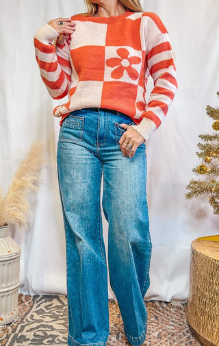 Orange Flower Sweater - Wedges And Wide Legs Boutique