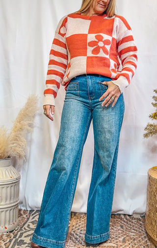 Orange Flower Sweater - Wedges And Wide Legs Boutique