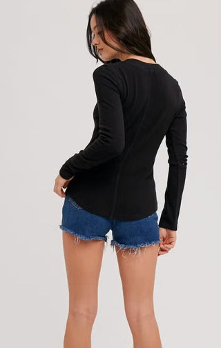 Ribbed Henley Knit In Black - Wedges And Wide Legs Boutique