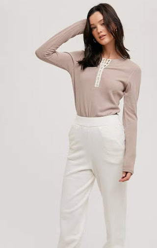 Ribbed Henley Knit In Latte - Wedges And Wide Legs Boutique