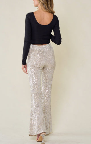 Sequin Flared Trouser Pants | Champagne - Wedges And Wide Legs Boutique