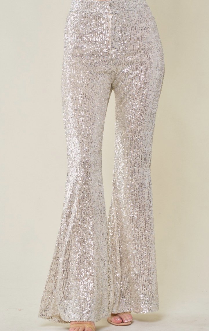 Sequin Flared Trouser Pants  Champagne – Wedges And Wide Legs Boutique