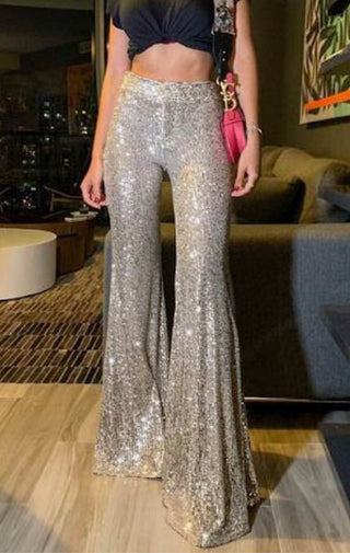 Sequin Flared Trouser Pants | Champagne - Wedges And Wide Legs Boutique
