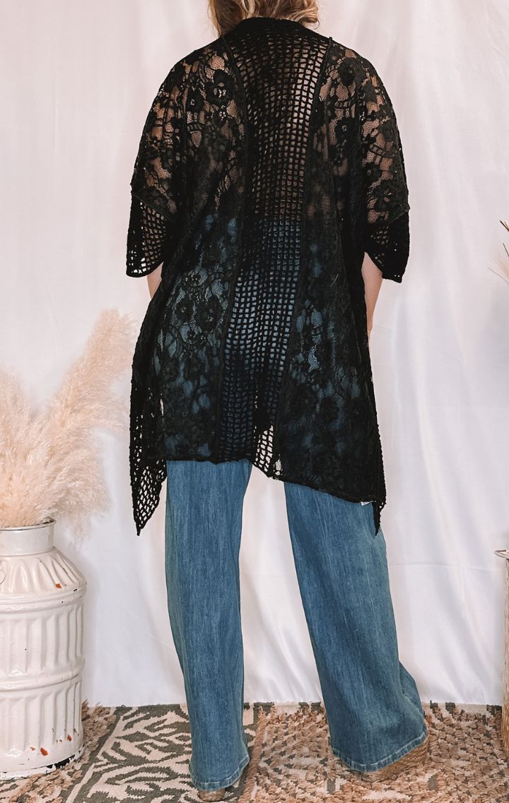 The Floral Lace Kimono | Black - Wedges And Wide Legs Boutique