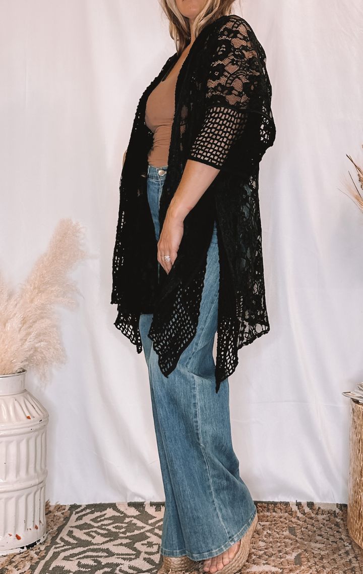 The Floral Lace Kimono | Black - Wedges And Wide Legs Boutique