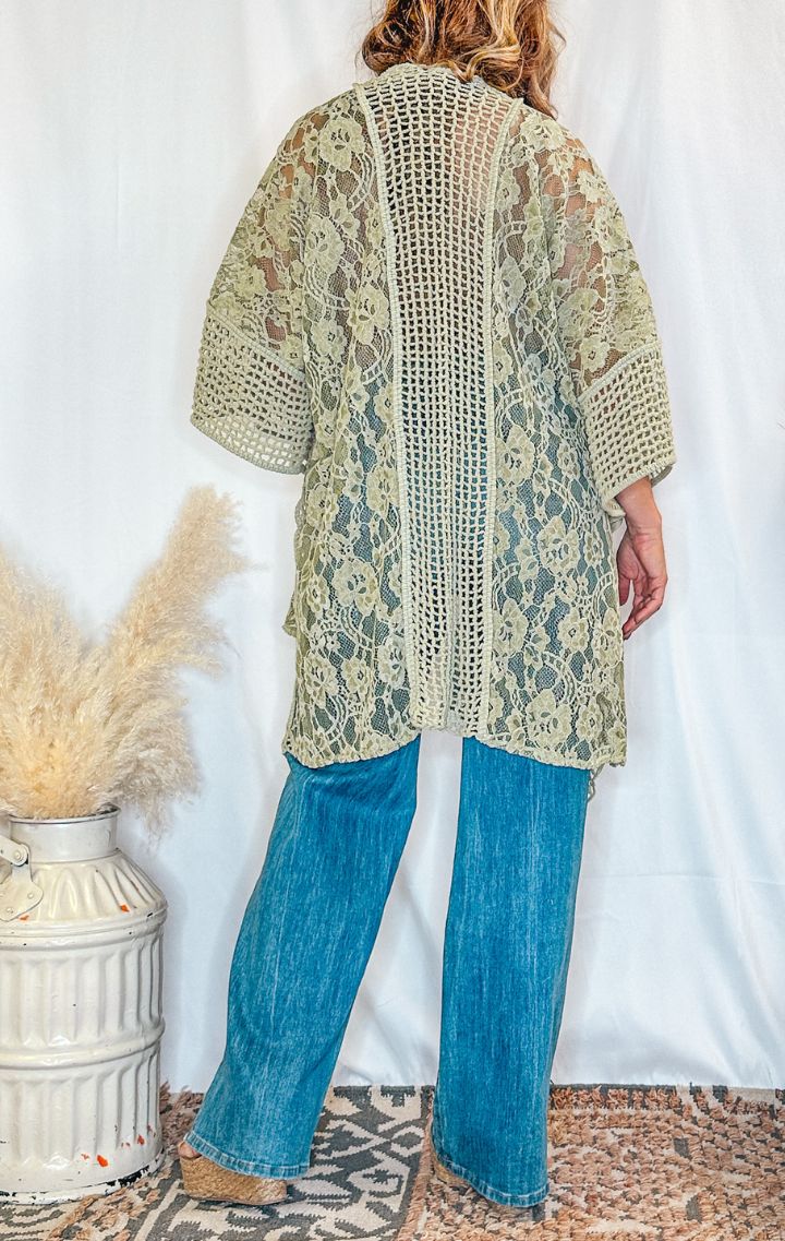 The Floral Lace Kimono | Sage - Wedges And Wide Legs Boutique