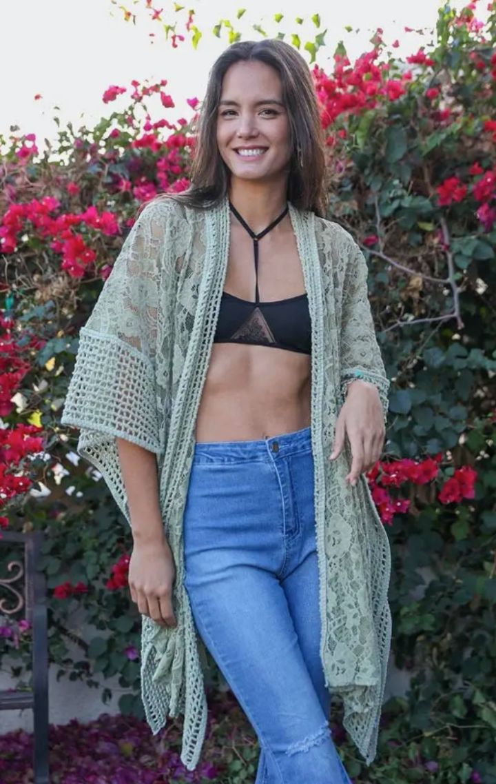 The Floral Lace Kimono | Sage - Wedges And Wide Legs Boutique