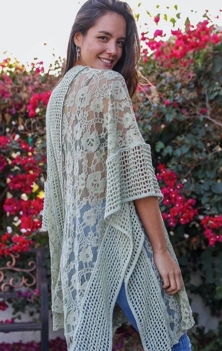 The Floral Lace Kimono | Sage - Wedges And Wide Legs Boutique