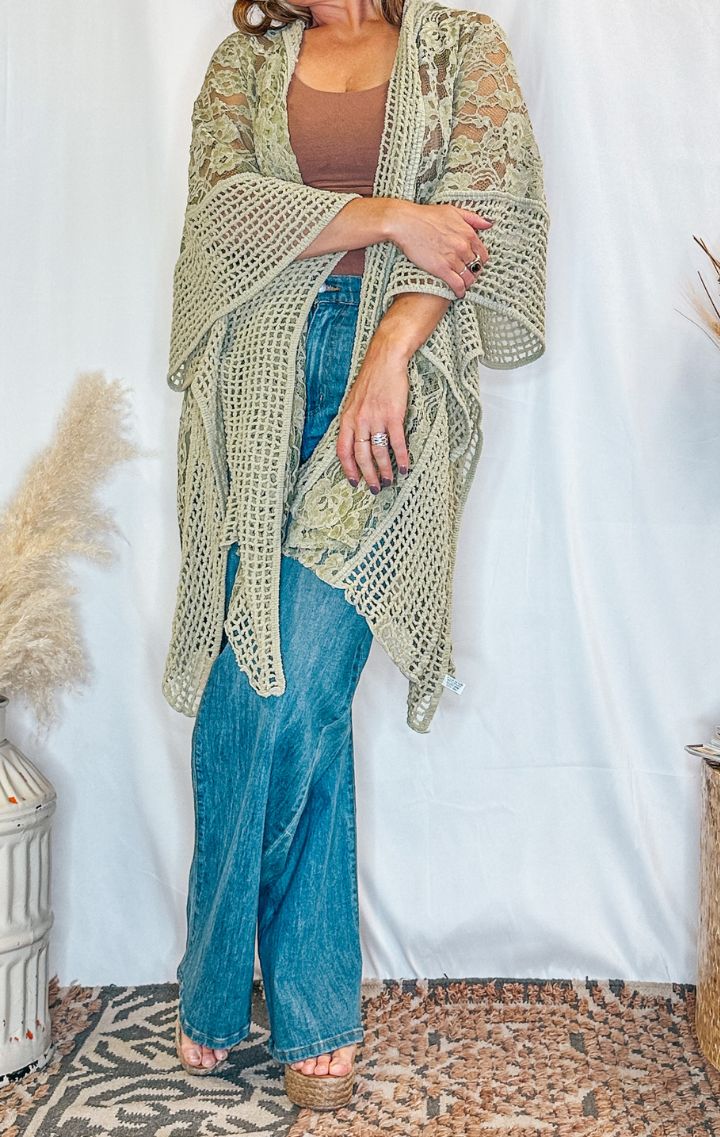 The Floral Lace Kimono | Sage - Wedges And Wide Legs Boutique